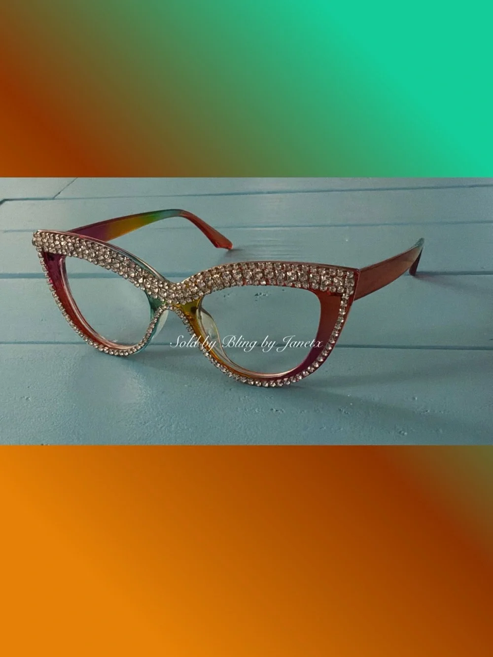 Bling Rhinestone Cat Eye Sunglasses - Multi Color - Clear Lenses